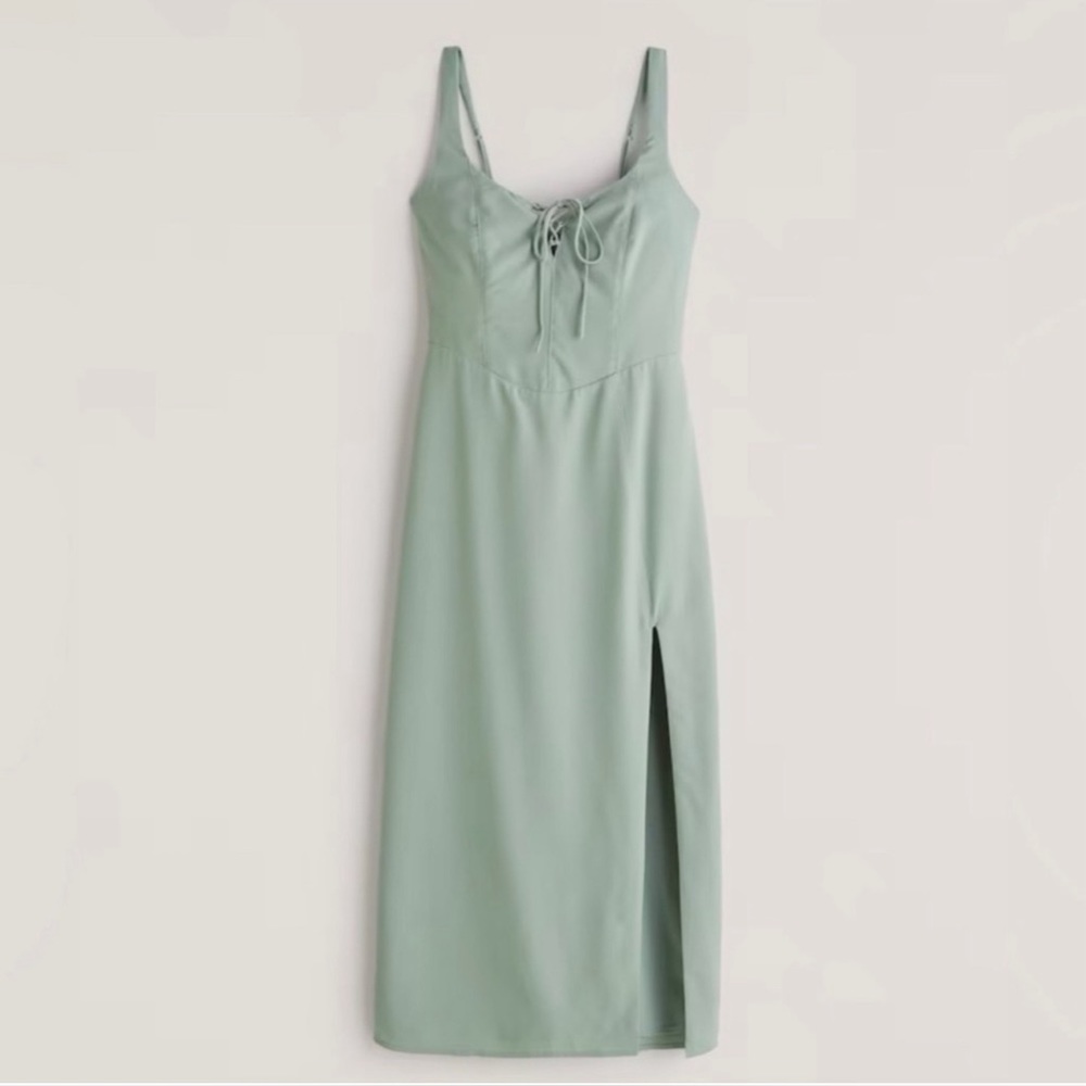 Abercrombie & Fitch Corset Lace-Up Midi Dress slit sage green